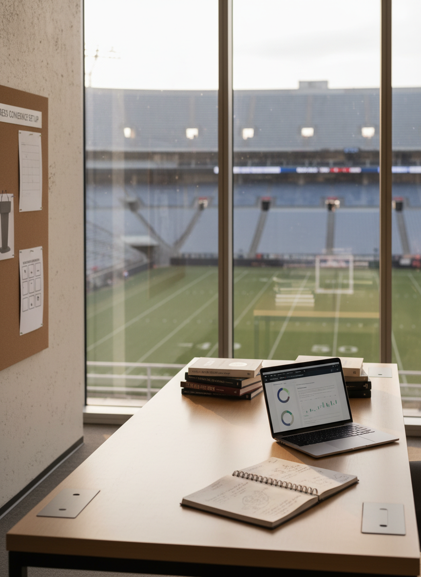 A photographic, medium-wide shot of an elegant, glass-walled stadium suite converted into a research workspace for studying the Tennessee Titans’ public relations strategies. A large, minimalist desk faces the panoramic windows, which reveal an out-of-focus football field and seating bowl free of logos. On the desk are neatly stacked academic books on sports communication, a laptop displaying blurred analytics dashboards, and a spiral notebook filled with indistinct handwritten notes. A corkboard on the side wall holds pinned, text-free mockups of press conference setups and generic social media post layouts. Natural late-morning light streams through the glass, producing soft reflections on the desk surface and a calm, studious mood. The photograph is composed with rule of thirds and moderate depth of field to balance interior detail and stadium context.