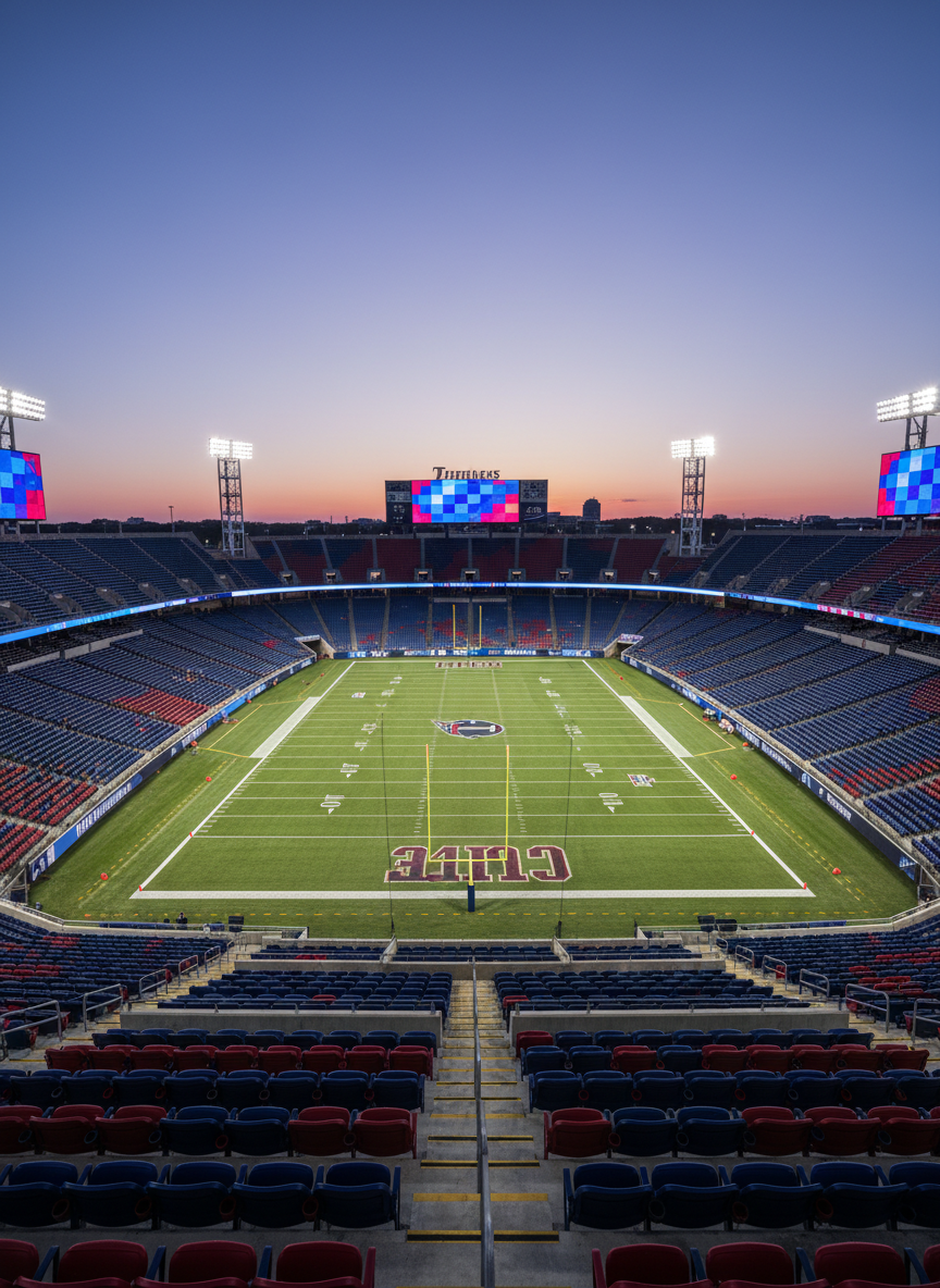 A dramatic, wide-angle photographic view of a professional football stadium inspired by the Tennessee Titans’ home field, seen at twilight with the playing surface in pristine condition. The camera is positioned high in an empty upper deck, emphasizing rows of vacant navy and red seats curving around the field. Stadium lights cast crisp, white illumination onto the green turf, creating sharp, geometric shadows from goalposts and yard lines. The scoreboard areas are intentionally generic, with abstract color blocks instead of logos or text. The sky glows with a subtle blue-purple gradient, adding a calm yet powerful atmosphere. The composition uses rule of thirds and sharp focus throughout to create an educational, neutral image suitable for a school research site on professional sports and media.