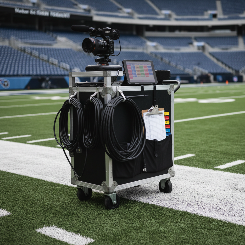 A highly detailed photographic close-up of a sideline-style media cart parked on an empty, generic football field, positioned on the clean white boundary line. The cart is topped with neatly coiled broadcast cables, a compact video camera, a tablet showing a blurred depth chart, and a clipboard with indistinct notes and color-coded tabs. The artificial turf is vibrant green with sharply painted yard markers, all free of logos or text. Stadium seating in navy and gray hues rises softly out of focus in the background. Strong but diffused daylight creates crisp highlights on metal surfaces and subtle shadows beneath equipment. Shot from a low, slightly angled perspective with moderate depth of field, the image conveys organized professionalism and the behind-the-scenes role of media operations for a team like the Tennessee Titans.