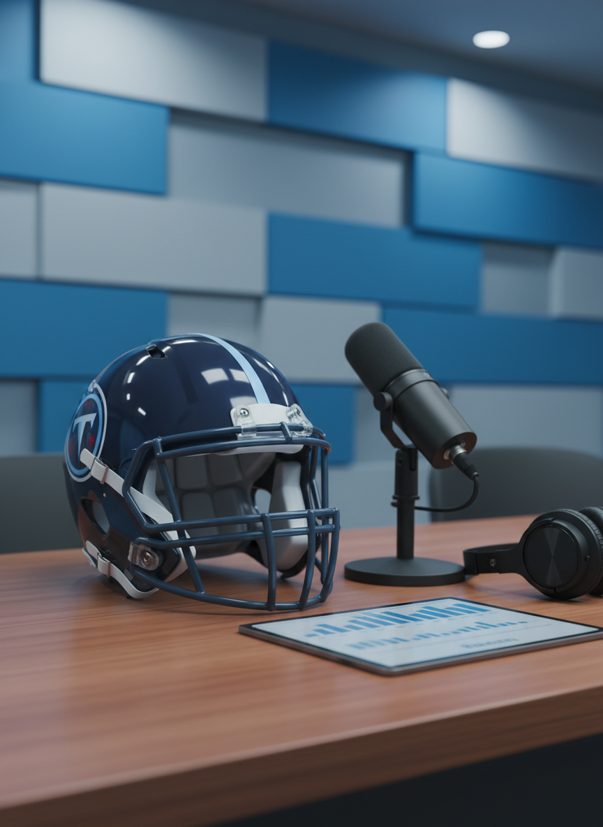 A clean, photographic close-up of a generic navy and light-blue football helmet resting on a polished wooden media table, subtly inspired by the Tennessee Titans’ color palette but without any logos or text. Next to the helmet sits a high-quality broadcast microphone on a small stand, a pair of closed-back studio headphones, and a tablet displaying blurred graphs and charts to suggest media metrics. The scene is set in a modern press interview room with soft, cool-toned overhead lighting that creates gentle reflections on the helmet’s glossy surface. The background shows an out-of-focus wall with abstract blue panels, giving a professional sports media feel. Shot at eye level with a shallow depth of field, the mood is analytical and professional, ideal for discussing public relations and media relations.