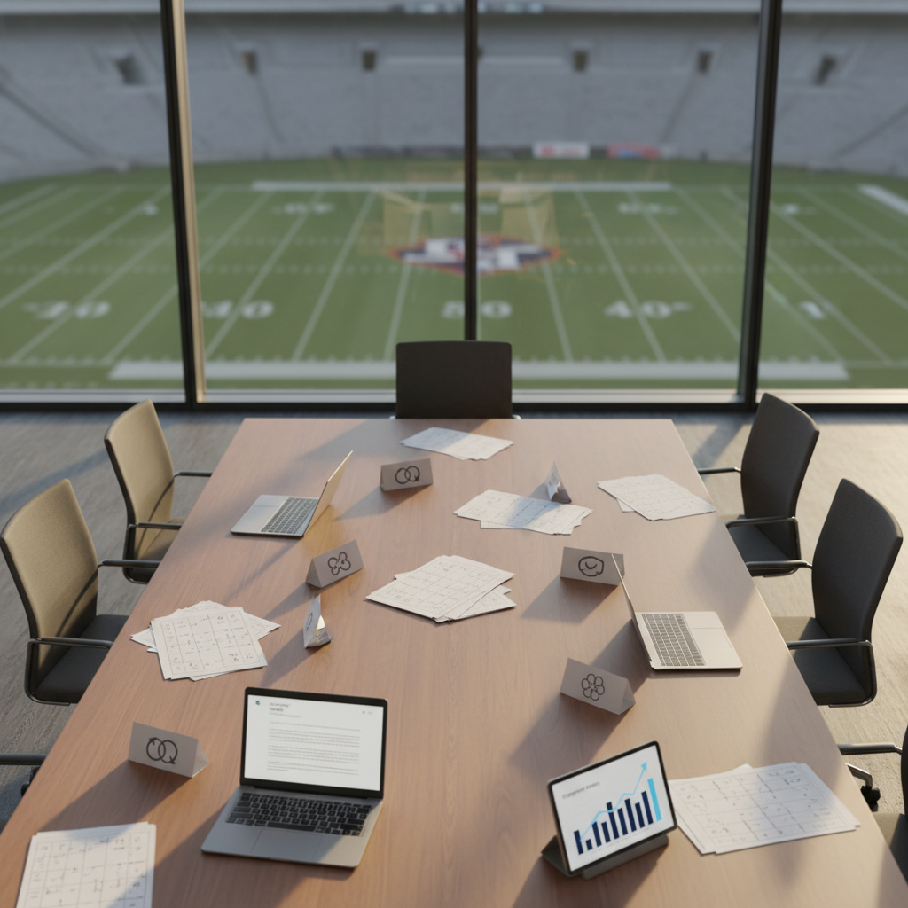 A photographic, bird’s-eye view of a large wooden conference table inside a modern stadium meeting room, set up for an educational workshop on public relations and media strategy in football. On the table are neatly arranged printed play diagrams, generic game-day schedules without team names, and open laptops displaying blurred press release drafts. Small tabletop name placards show only abstract icons instead of text. At one end of the table, a tablet shows a bar chart of rising engagement metrics in navy and light-blue hues. The room has floor-to-ceiling windows overlooking an out-of-focus, logo-free football field below. Soft afternoon natural light floods in, casting long, gentle shadows across the table and creating a professional, academic mood with photographic realism.
