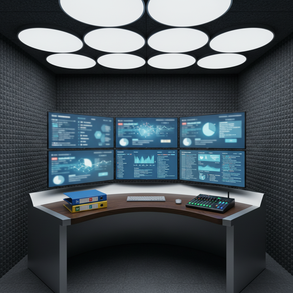 A meticulously arranged photographic scene of a generic football team’s media control room, focused on a curved workstation filled with multiple wide computer monitors showing blurred, logo-free dashboards of social media feeds, news alerts, and sentiment graphs in blue and white tones. A neatly stacked pile of color-coded binders labeled only with abstract symbols sits beside a slim keyboard and a digital audio mixer. The environment resembles a small, windowless operations hub within a stadium, with muted gray walls and acoustic panels. Cool, diffused overhead lighting reduces glare on the screens, creating a focused, analytical atmosphere. Captured from a slightly elevated angle with sharp focus across the frame, the composition highlights the behind-the-scenes nature of public relations research and media monitoring in professional sports.