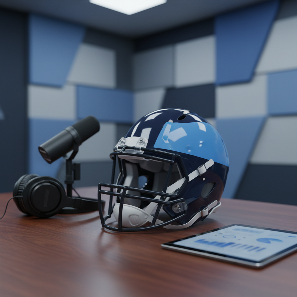 A clean, photographic close-up of a generic navy and light-blue football helmet resting on a polished wooden media table, subtly inspired by the Tennessee Titans’ color palette but without any logos or text. Next to the helmet sits a high-quality broadcast microphone on a small stand, a pair of closed-back studio headphones, and a tablet displaying blurred graphs and charts to suggest media metrics. The scene is set in a modern press interview room with soft, cool-toned overhead lighting that creates gentle reflections on the helmet’s glossy surface. The background shows an out-of-focus wall with abstract blue panels, giving a professional sports media feel. Shot at eye level with a shallow depth of field, the mood is analytical and professional, ideal for discussing public relations and media relations.